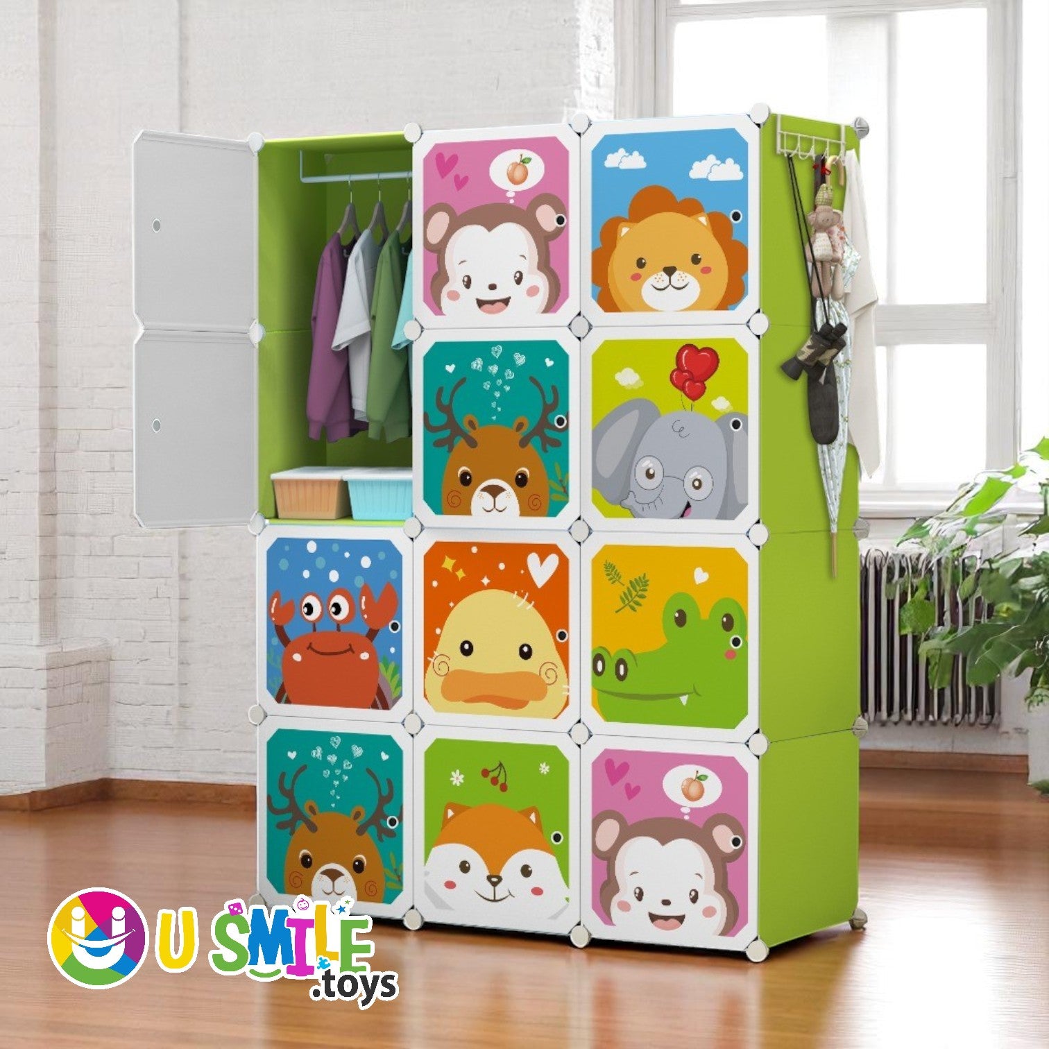U Smile Toys children's modular closet (105x36x140 CM), ideal for organizing clothes and toys in a nursery or kid's room. www.usmile.toys